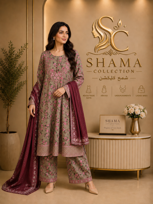 Bin Saeed Fabric Stitched by Shama Collection – Premium 3 Piece Printed Lawn Suit (Sky Blue)