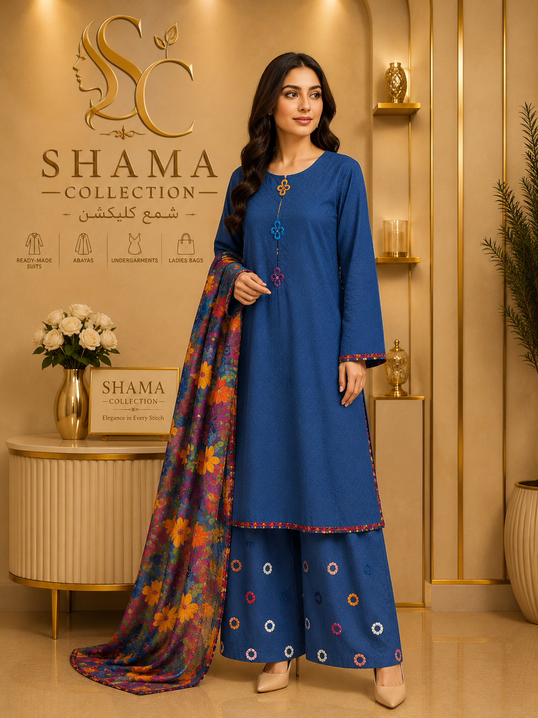 Shama Collection Premium Embroidered 3 Piece Lawn Suit – Floral Dupatta – Ready to Wear