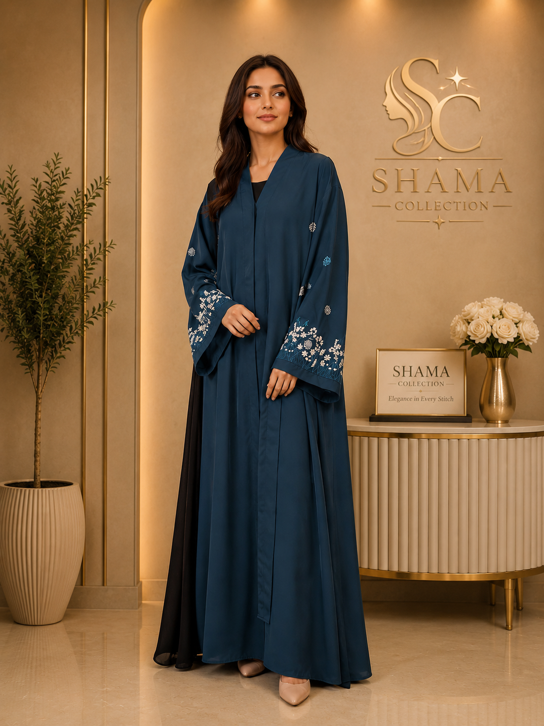 Premium Front Open Embroidered Abaya – Pink / Blue | Shama Collection
