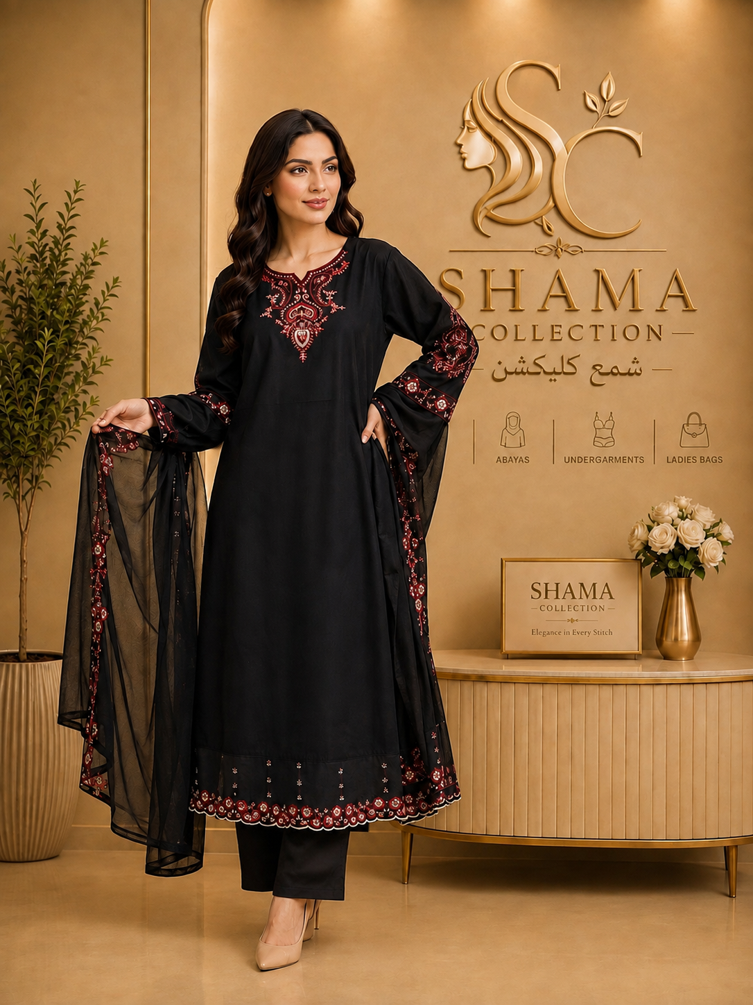 Black Embroidered 3 Piece Lawn Suit for Women | Shama Collection