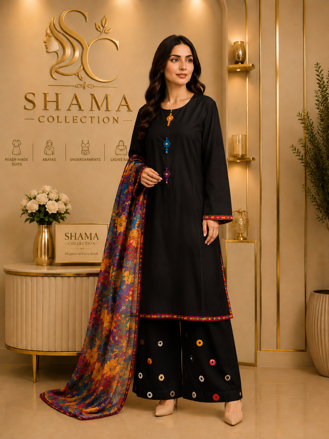 Shama Collection Premium Embroidered 3 Piece Lawn Suit – Floral Dupatta – Ready to Wear
