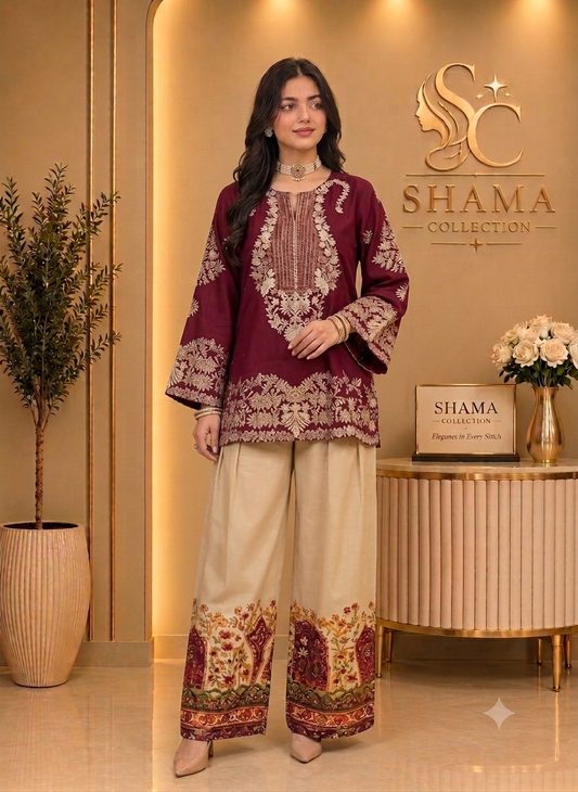 Maroon Hand-Embellished Top Paired with Printed Plazo