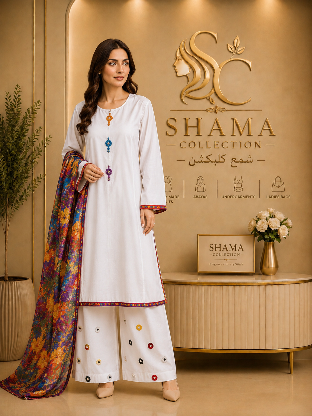 Shama Collection Premium Embroidered 3 Piece Lawn Suit – Floral Dupatta – Ready to Wear