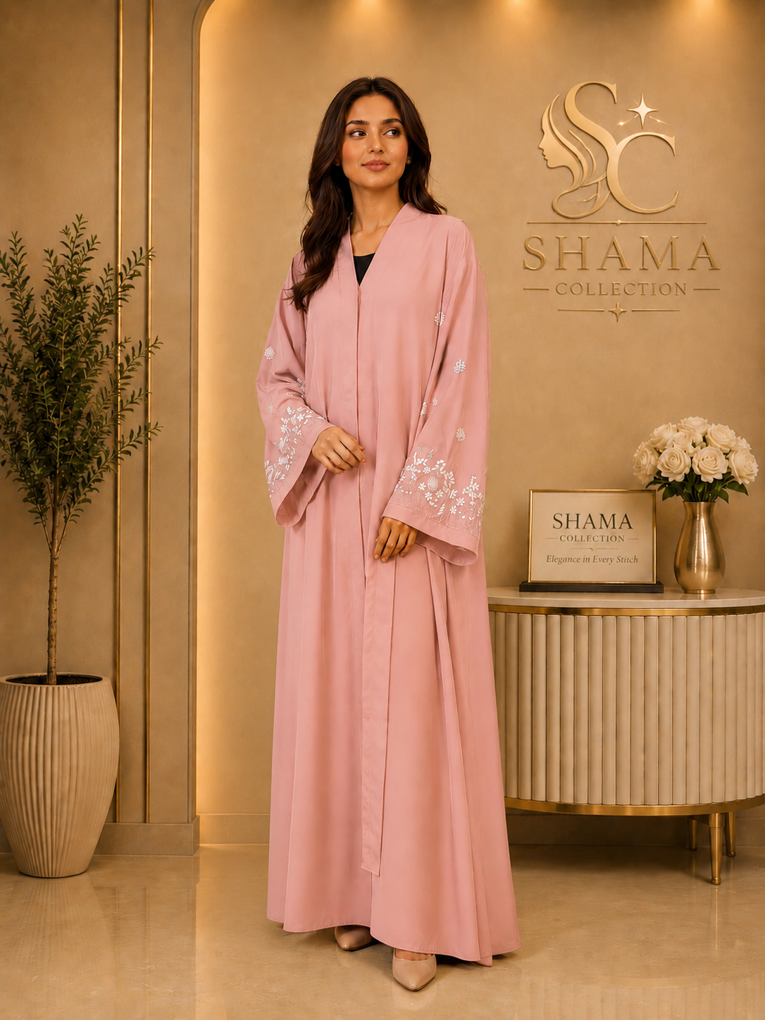 Premium Front Open Embroidered Abaya – Pink / Blue | Shama Collection