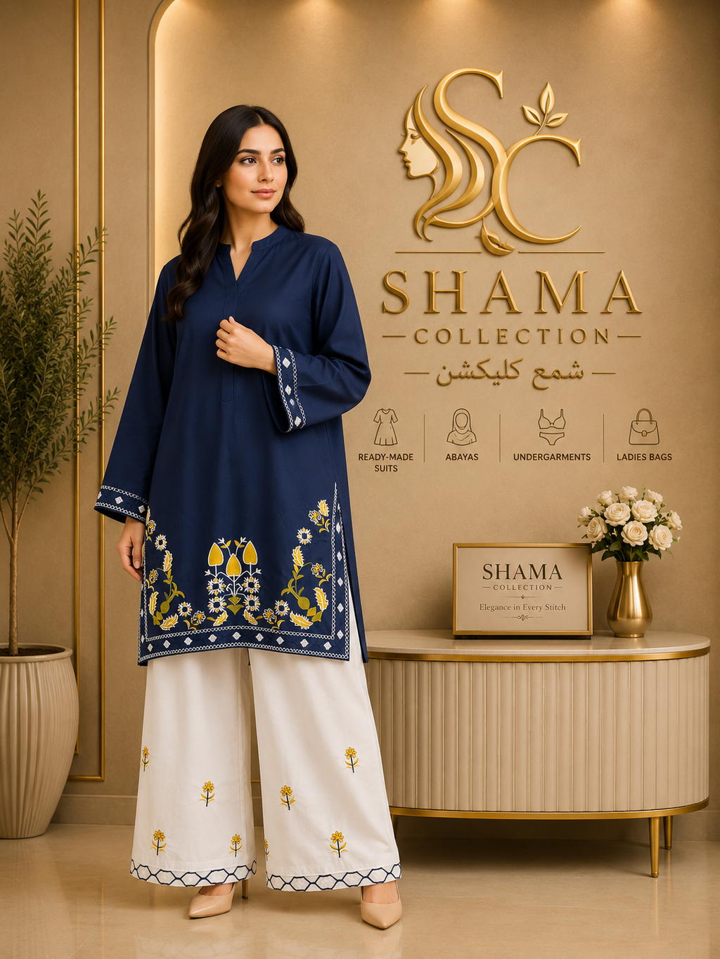Shama Collection Premium Embroidered Plum Kurti with White Trouser