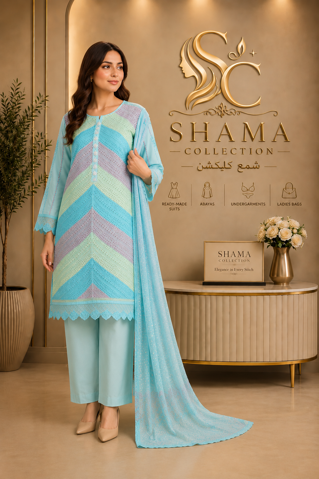 Shama Collection Premium Embroidered 3 Piece Lawn Suit – Pink