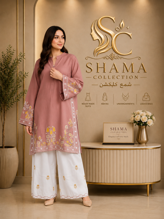 Shama Collection Premium Embroidered Plum Kurti with White Trouser