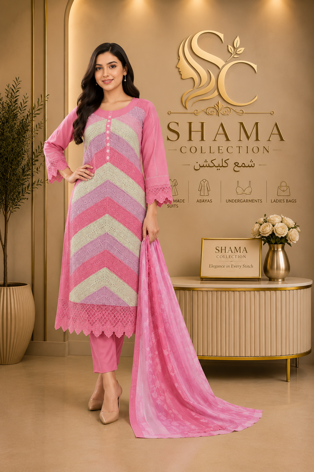 Shama Collection Premium Embroidered 3 Piece Lawn Suit – Pink