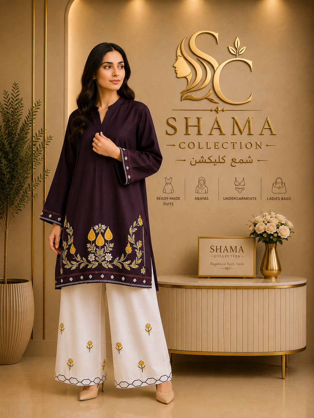 Shama Collection Premium Embroidered Plum Kurti with White Trouser