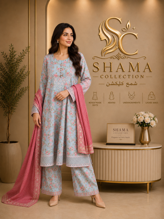 Bin Saeed Fabric Stitched by Shama Collection – Premium 3 Piece Printed Lawn Suit (Sky Blue)