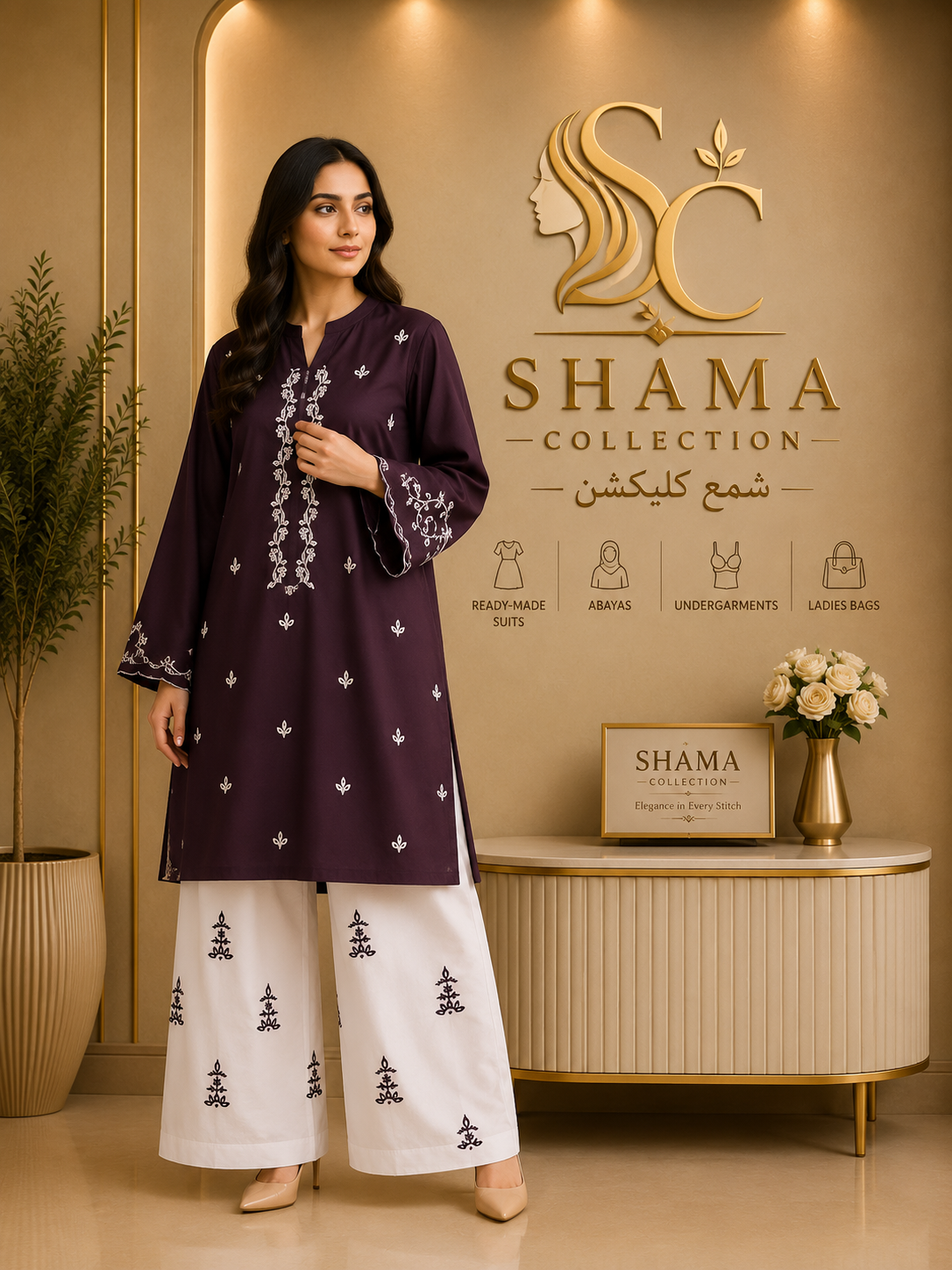 SHAMA Collection Women's Plum Embroidered 2-Piece Ready-to-Wear Suit